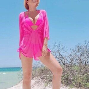 Hot Pink Preppy Womens Plain Halter Triangle Bikini Swimsuit With Cover Up